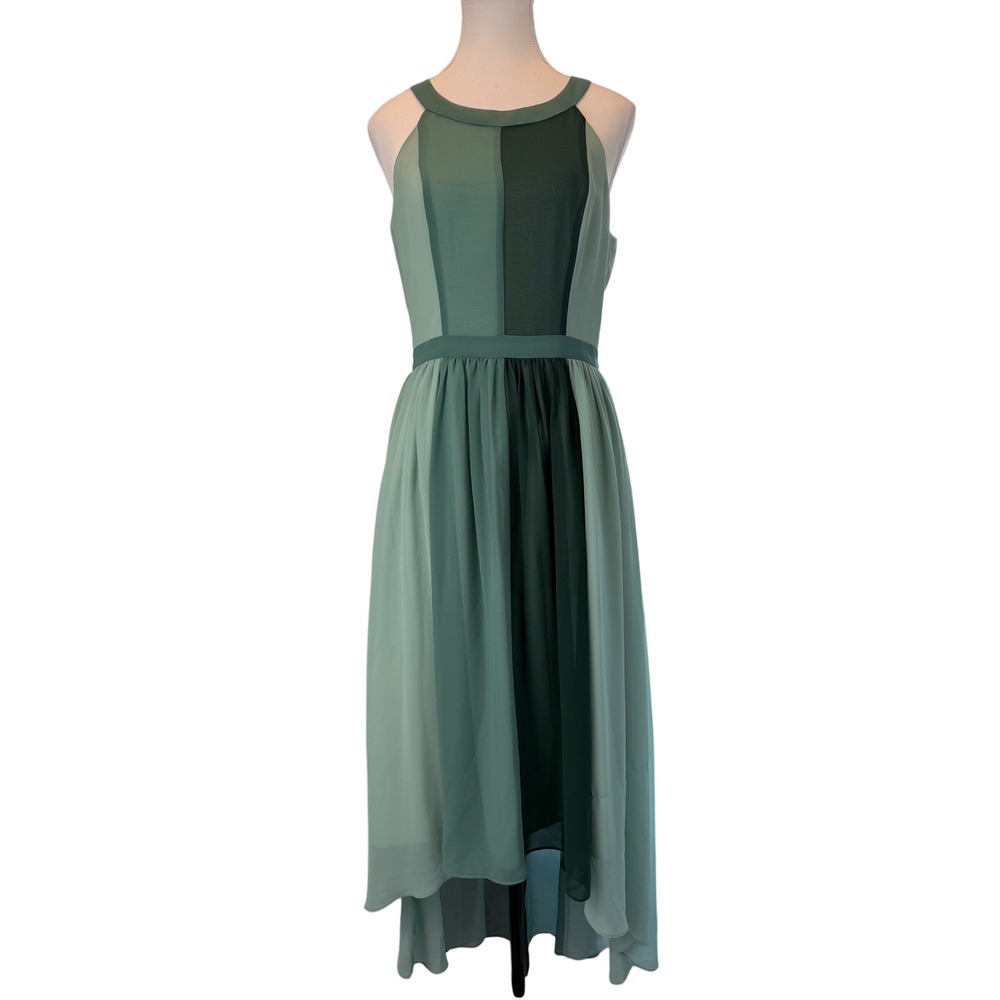 ModCloth Green Colorblock Chiffon High-Low Midi Dress Sleeveless Medium Fairy